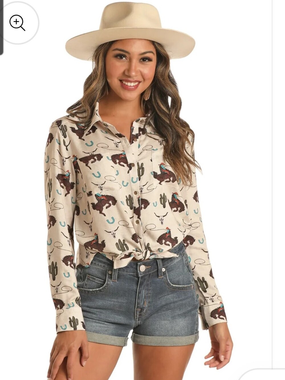 Rock & Roll Western Print Button-Front Shirt - Cream